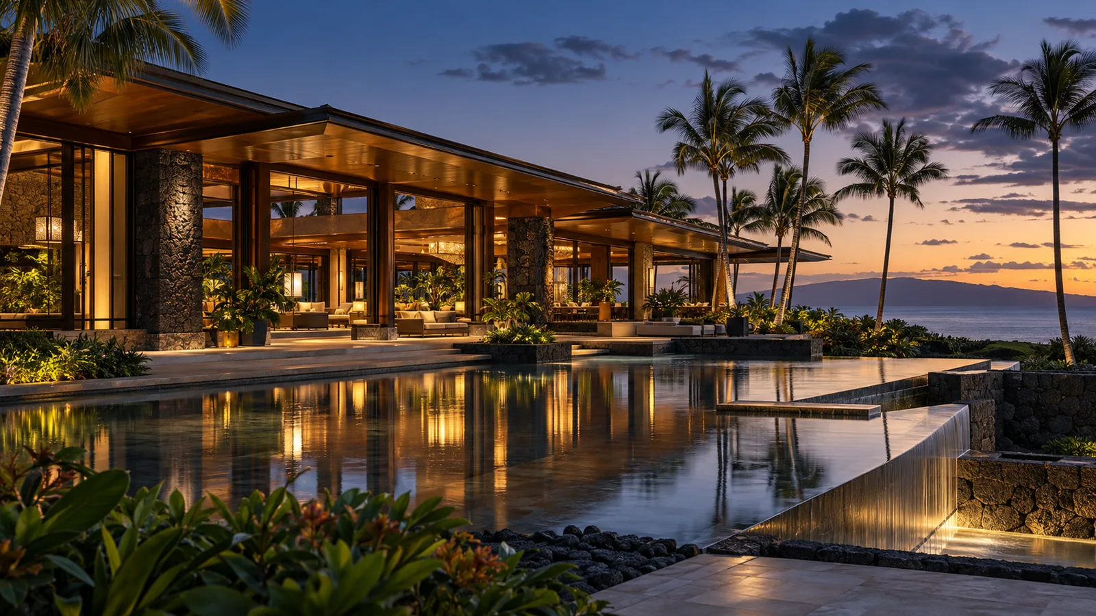 Warmly lit timber-and-glass clubhouse beside a reflecting pool at blue hour