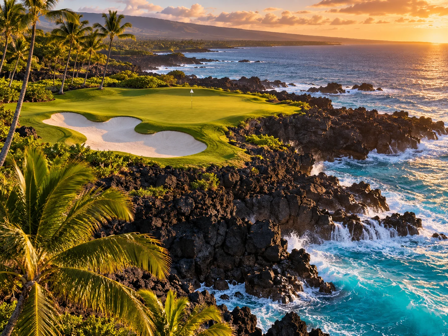 Sunlit emerald golf green, ivory bunker and palms above lava cliffs and turquoise Pacific surf