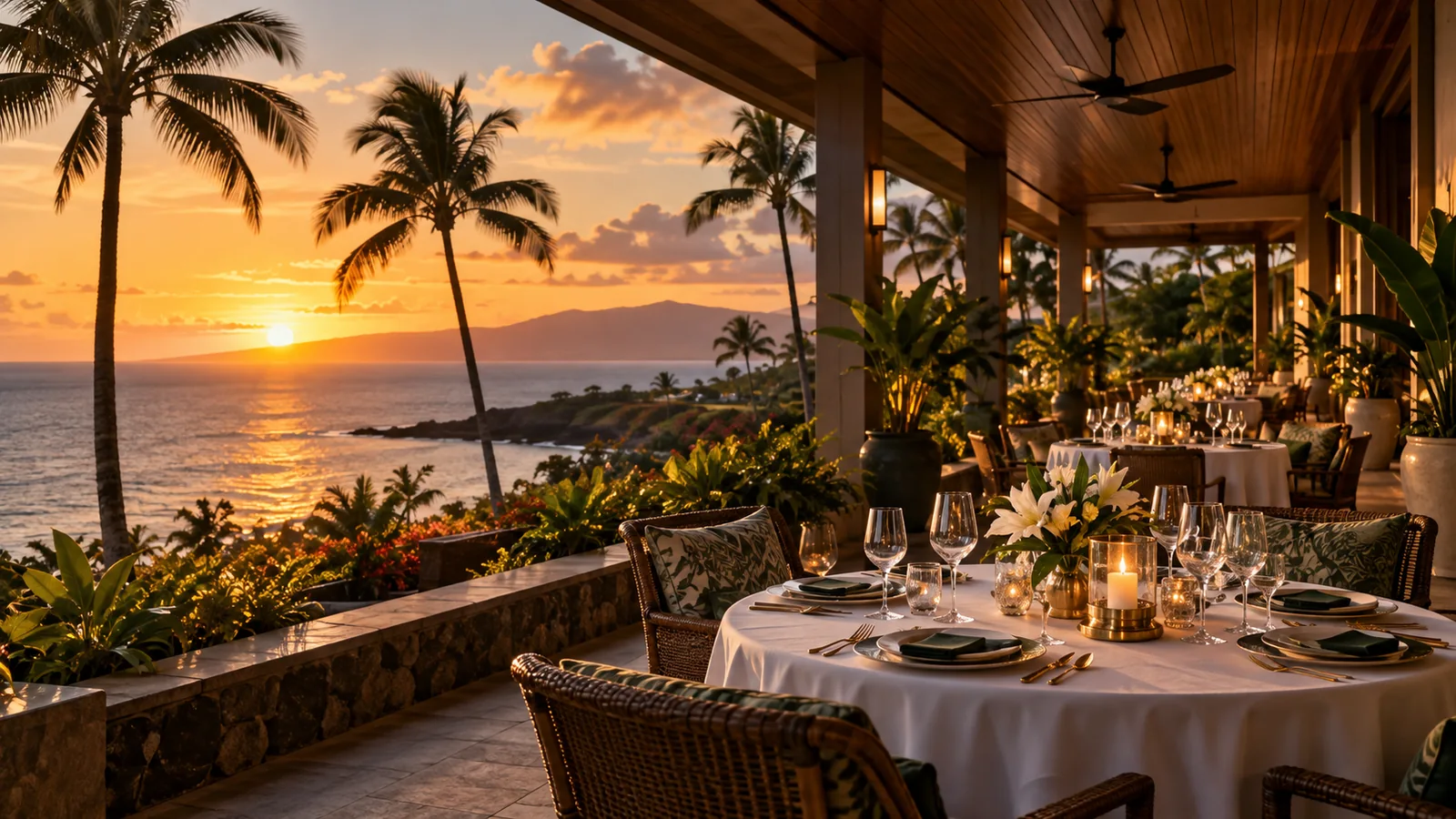 Candlelit ocean terrace set for dinner at sunset beneath a timber roof