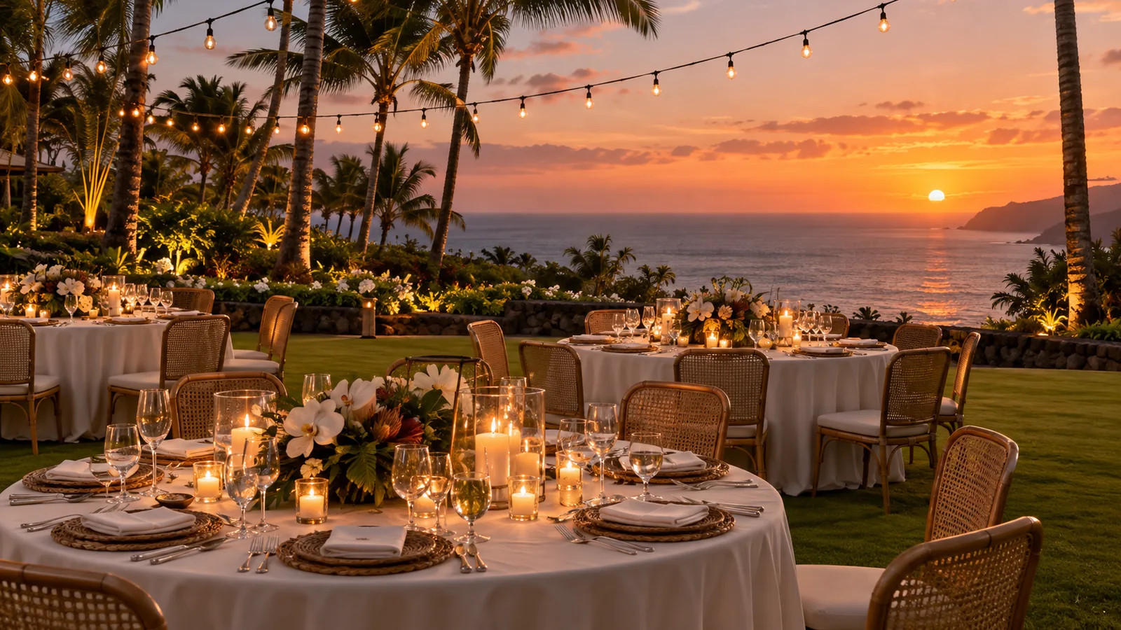 White-linen gala tables, tropical flowers and string lights above the Pacific at sunset