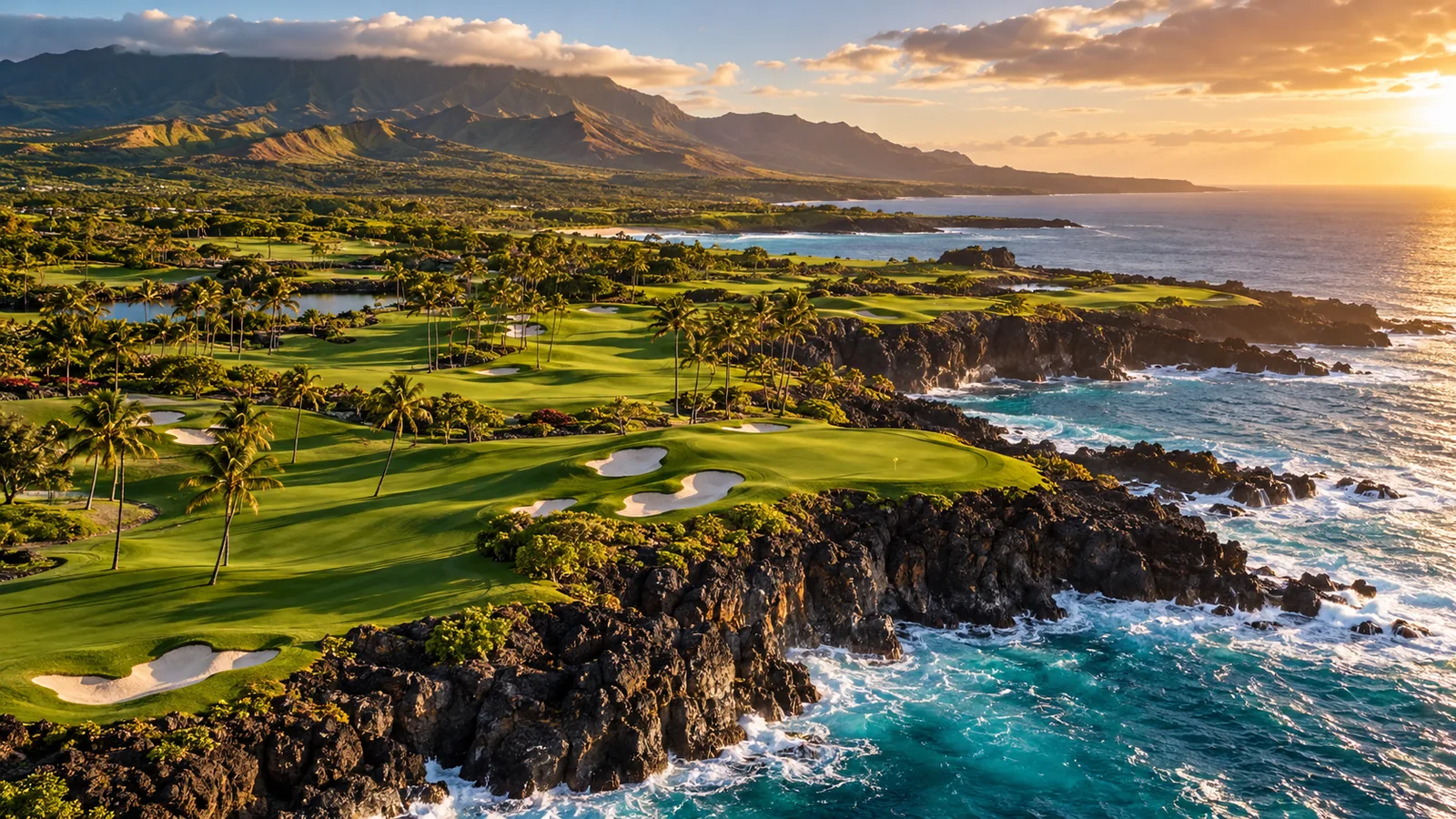 Golden-hour fairways above a rugged Hawaiian lava coastline and turquoise Pacific
