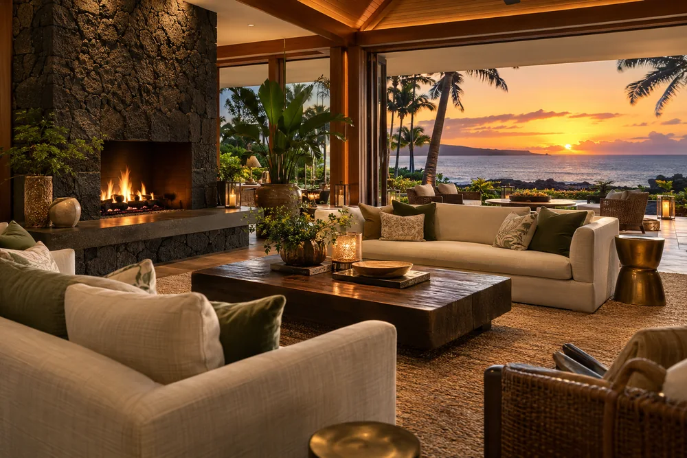 Timber and stone members’ lounge with cream sofas, a fireplace and an ocean view
