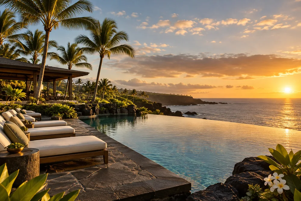 Ocean-view infinity pool with cream loungers and palms in warm light