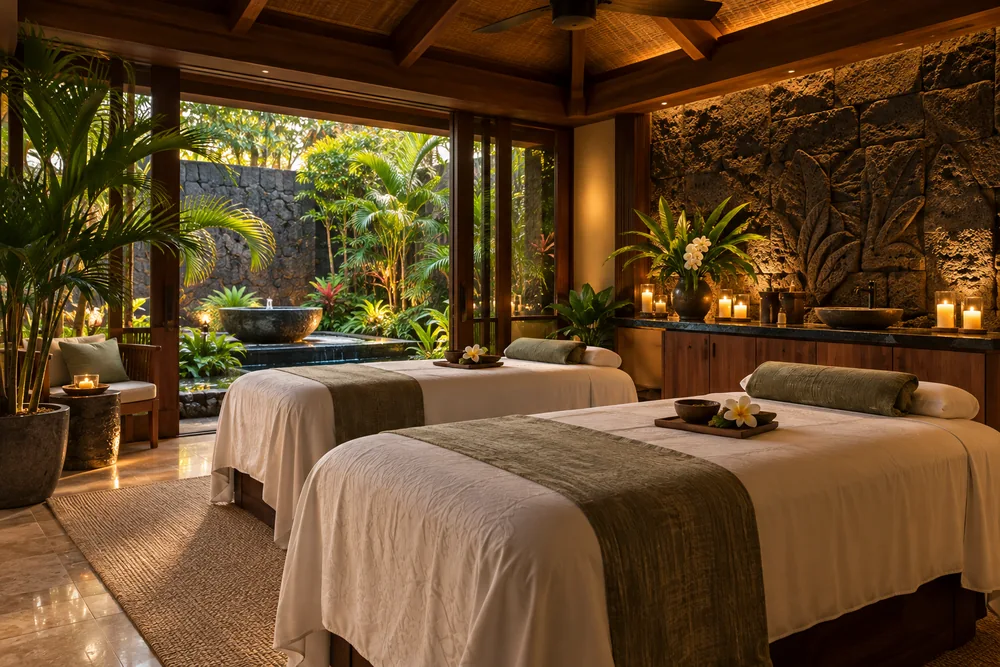 A warm spa room with two linen-covered treatment tables and a tropical courtyard