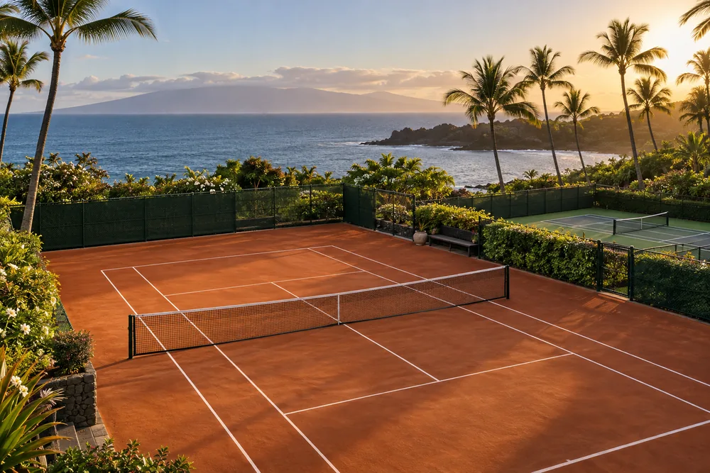 Terracotta tennis and pickleball courts framed by palms and the Pacific